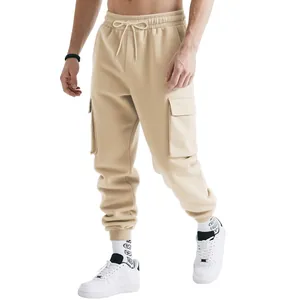 Men's beige heavyweight cargo sweatpants with multi-pockets and drawstring waist.