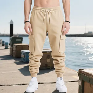 Close-up of beige heavyweight cargo pants for men featuring a relaxed high street fit
