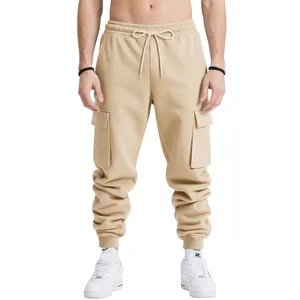 Front view of men's heavyweight khaki cargo joggers with drawstring waist and large side pockets.