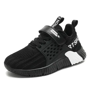 Atmungsaktive schwarze Mesh-Laufschuhe für Jungen mit Klettverschluss und Anti-Rutsch-Sohle
