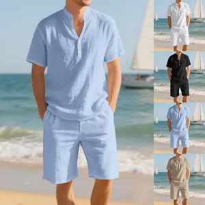 Set Uomo Estivo in Misto Lino Henley Top And Bottom Casual Pantaloncini da Spiaggia Maglia a Manica Corta e Shorts
