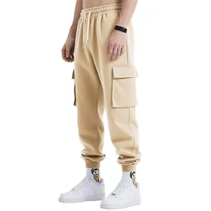 Detailed view of men's khaki heavyweight cargo sweatpants with multi-pocket design