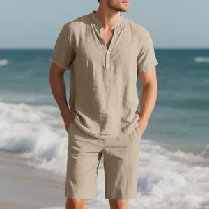 Set estivo da uomo in lino con camicia Henley a maniche corte e pantaloncini