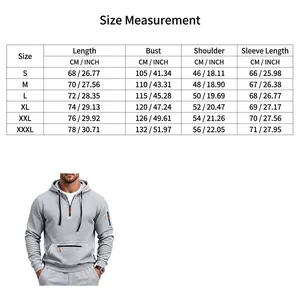 Detaillierte Größentabelle für grauen Herren-Hoodie mit cm- und Zoll-Maßen für perfekte Passform. (98 chars)