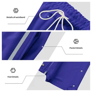 Detalles del pantalón de baloncesto azul: cintura, bolsillos y botones laterales
