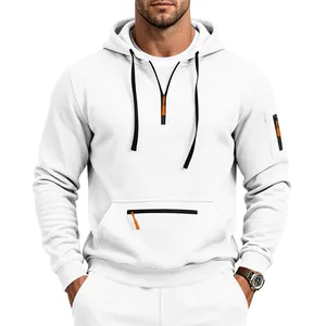 Front view of a white men's heavyweight fleece hoodie with vibrant orange zipper details