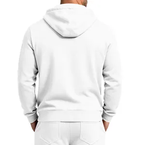 Detail shot of the back view of a white heavyweight fleece hooded sweatshirt for men
