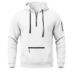 Detailed front view of a heavyweight white half-zip fleece hoodie with utility zip pockets.