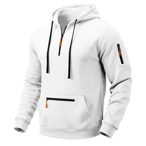 Close-up of white heavy fleece hoodie featuring quarter-zip front and orange utility details.