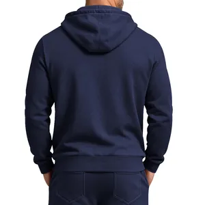 Back view detail of a heavyweight navy blue fleece-lined hooded sweatshirt for men
