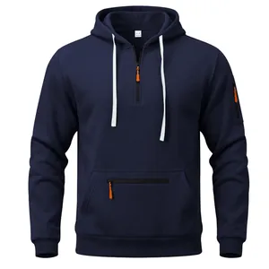 Navy blue men's half-zip hoodie with orange accents and functional sleeve pocket detail.