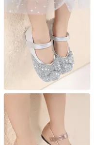Detailed view of children's princess shoes with glitter finish and bow decoration