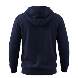 Back view of a heavyweight navy blue hooded sweatshirt with ribbed hem