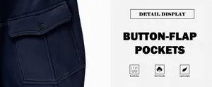 Primer plano detallado del diseño de bolsillo con solapa y botón en pantalón cargo.