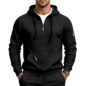 Close-up of men's black heavy hooded sweatshirt with distinctive neon green zipper details