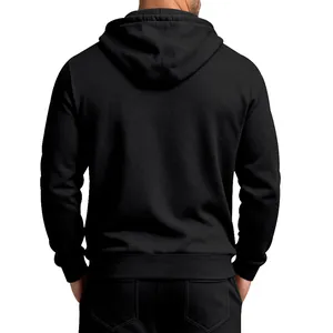 Back view of a black heavyweight fleece hooded sweatshirt for men in casual style