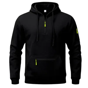 Front view of black men's heavyweight fleece hoodie featuring vibrant neon zipper pulls