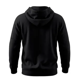 Rear view of heavy black fleece-lined hoodie showing hood and sleeve pocket detail