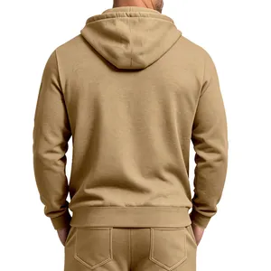 Back view of men's heavy khaki fleece hoodie with relaxed fit and matching pants