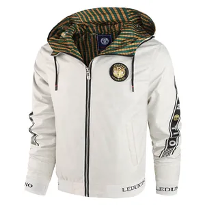 Stylish white men's slim fit hooded jacket with LEDUNTINO logo and contrast plaid lining