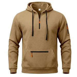 Front view detail of a khaki heavy fleece men's tactical hoodie with zippers