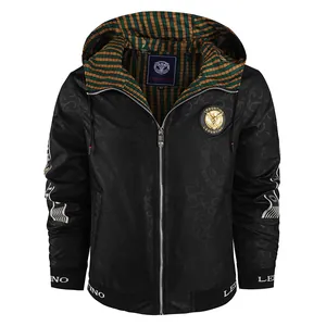 Stylish black men's hooded jacket with gold emblem and checkered lining detail.