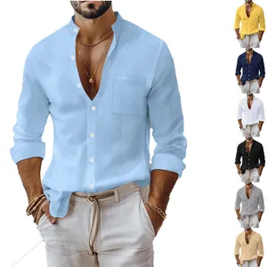 Men's Long Sleeve Cotton Shirt Solid Color Stand Collar Business Casual Top Breathable Shirt With Chest Pocket For Daily Vacation
