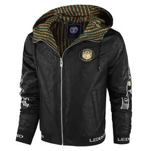 Professional men's black hooded slim fit jacket featuring brand logo and striped lining