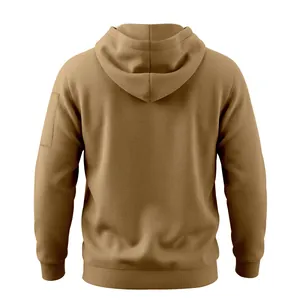 Detailed back view of a khaki heavyweight fleece-lined hooded sweatshirt with sleeve pocket