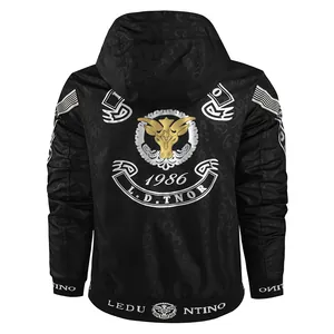 Trendy men's black hooded jacket with large back graphic print and logo hem details