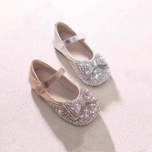 Girls Mary Jane Shoes Rhinestone Bowknot Princess Shoes Microfiber Patent Leather Soft Sole Flats For Wedding Party