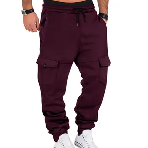 Pantalones cargo burdeos sueltos para hombre con cordón y bolsillos con solapa