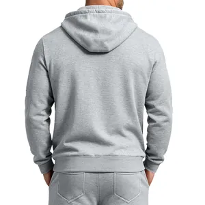 Back view of a premium heavy fleece-lined gray hoodie and sweatpants set for men's winter wear