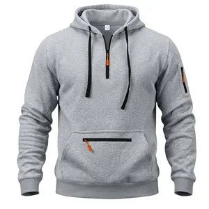 Grey heavy-weight fleece hoodie for men featuring zip pockets and drawstring detail