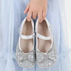 Elegant silver glitter Mary Jane princess shoes with crystal bow for little girls