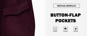 Detalle de pantalones cargo pesados para hombre con bolsillo con solapa y botón.