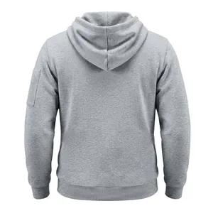 Back view of a heavy fleece grey hooded sweatshirt for men featuring a ribbed hemline