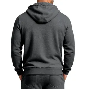 Back view of heavyweight dark gray fleece hooded sweatshirt for men's casual wear