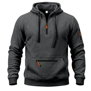 Close-up of a charcoal grey men's heavy fleece hoodie with orange zipper details