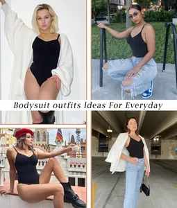 Detailed lifestyle collage showing various ways to style a black seamless bodysuit.