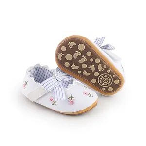 Dettaglio di scarpine primi passi da neonata con suola morbida e ricami floreali