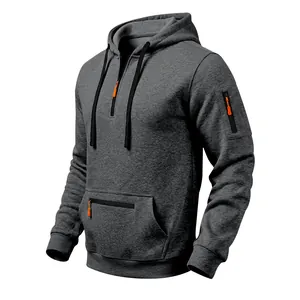 Close-up of men's dark grey heavy fleece hoodie featuring tactical orange zipper pulls.