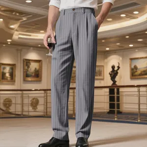 Detail view of grey striped linen trousers for men with a breathable straight leg design.