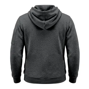 Back view of a charcoal grey heavyweight fleece-lined hoodie for men with sleeve pocket
