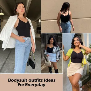Creative styling ideas for a black seamless bodysuit paired with casual everyday outfits
