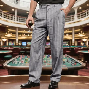 Men's grey pinstriped linen casual pants with loose straight fit in casino setting.
