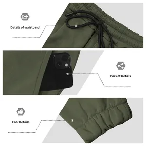 Vistas detalladas de la cintura, el bolsillo y el puño elástico del pantalón cargo