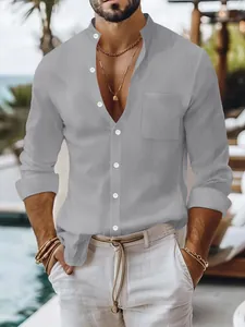 Detailed shot of men's grey cotton linen shirt with stand collar in resort setting