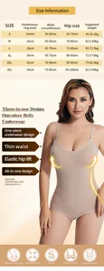 Detailed feature highlights and size guide for seamless tummy control shapewear bodysuit