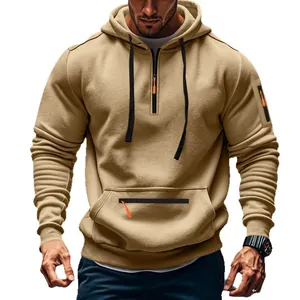 Men's heavy fleece hooded sweatshirt in khaki with tactical zipper pockets and drawstring